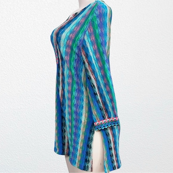 Embroidered Knit Stretch Hippie Beach Vacay Boho Festival Tunic Blue Multi - Picture 4 of 10
